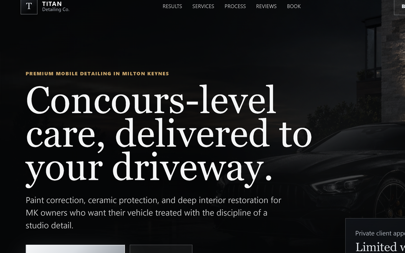 Screenshot of the Titan Detailing Co homepage hero section